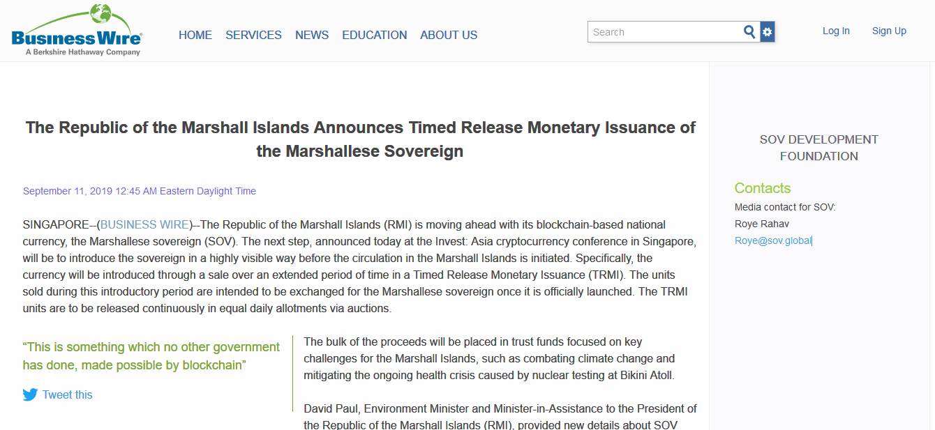 Business Wire:The Republic of the Marshall Islands Announces Timed Release Monetary Issuance of the Marshallese Sovereign